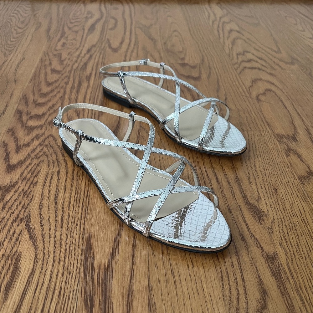 NWT - Theory Silver Strappy Flat Sandal